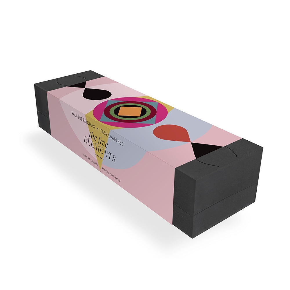 Five Elements Duftkerzenset in schwarzer Box mit bunter Umverpackung