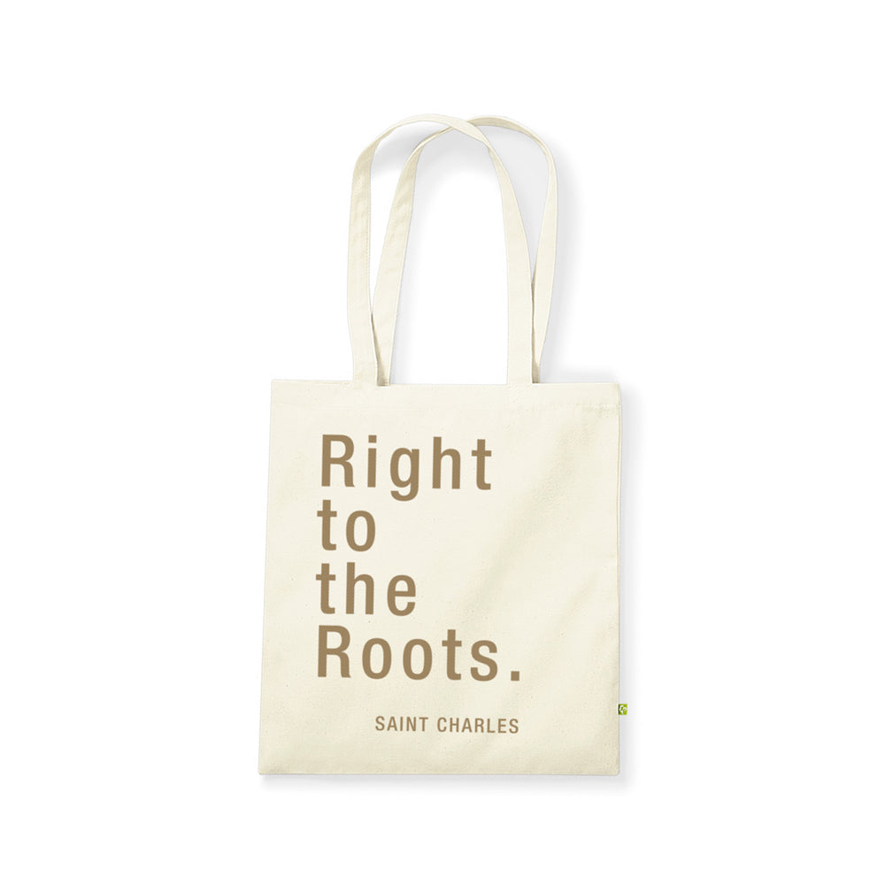 Weiße Baumwolltasche mit Spruch: Right to the Roots in goldener Schrift